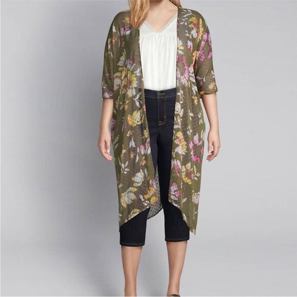 Lane Bryant Long Floral Duster Kimono Swiss Dot Green Pink Oversized Open Front - Picture 1 of 11